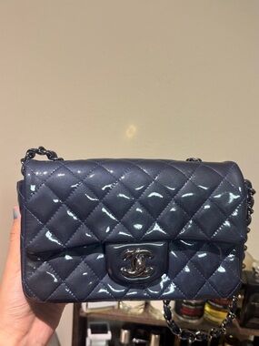 CHANEL Quilted Patent Leather Mini Flap Bag in Navy